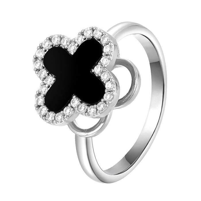 Wholesale black four-leaf clover micro-pave rotating open ring
