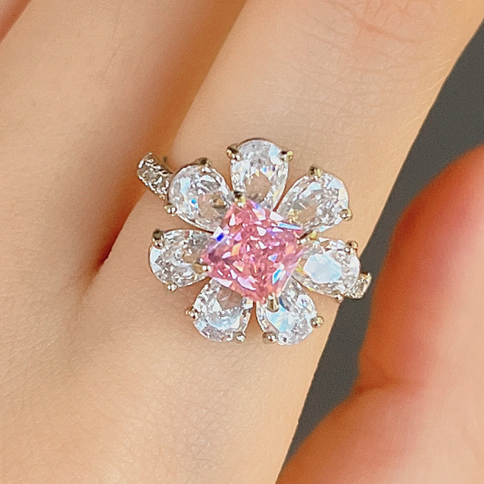 Pink Diamond Flower Zircon Ring Valentine's Day Romantic Proposal Ring