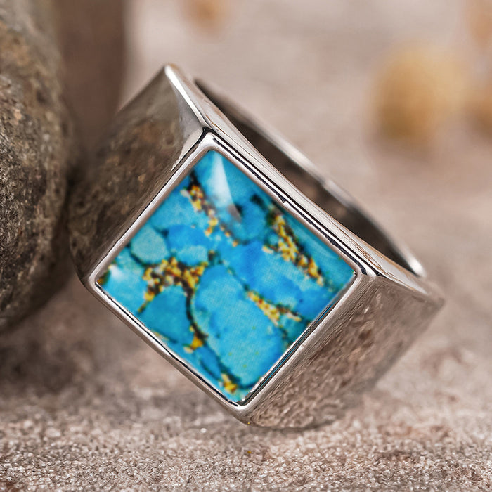 Women's square imitation turquoise vintage ring