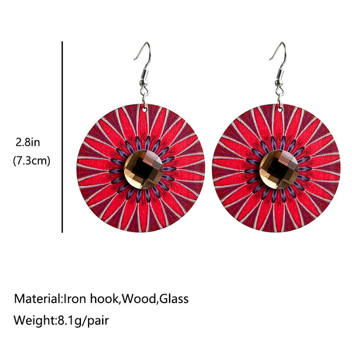 Wooden round rhinestone earrings