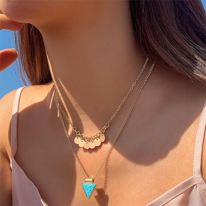 Boho Turquoise Triangle Pendant Necklace with Multi-Layers