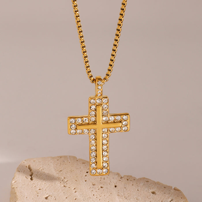 Zircon cross pendant necklace, European and American stainless steel niche design ins style