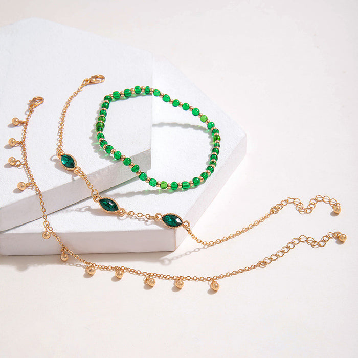 Green Gemstone and Tassel Beaded Anklet Set - Ethnic Style Layered Anklets