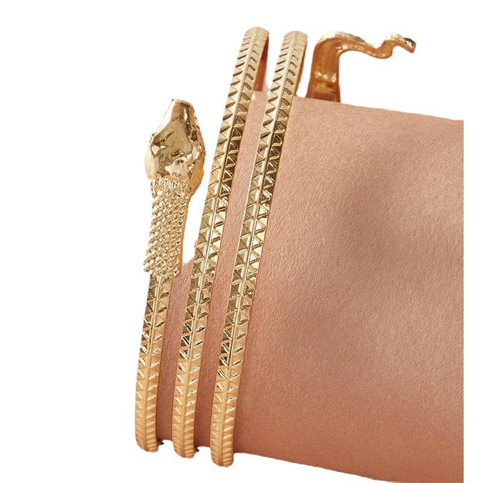 Gold and Silver Open Cuff Bracelet Set - Geometric Snake Design Bracelet