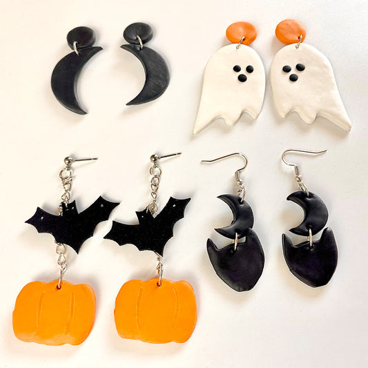 Pendientes de arcilla de Halloween: diseños de fantasmas, calabazas, murciélagos, gatos y lunas