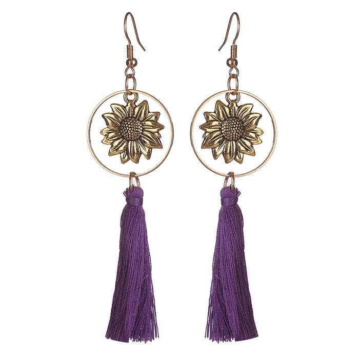 Bohemian Metal Sunflower Tassel Earrings with Geometric Bridal Design