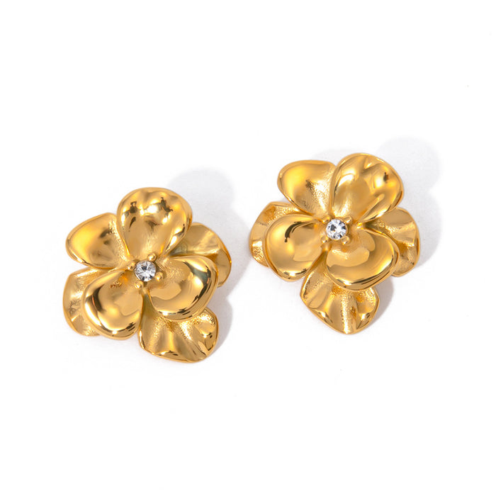 French Style Metallic Flower Earrings - Elegant 18K Gold Titanium Steel Jewelry