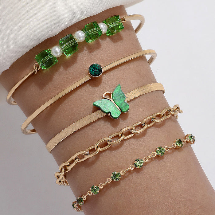 Juego de pulseras de piedras preciosas con forma de mariposa verde: cadena con bloques de colores y joyas con cuentas