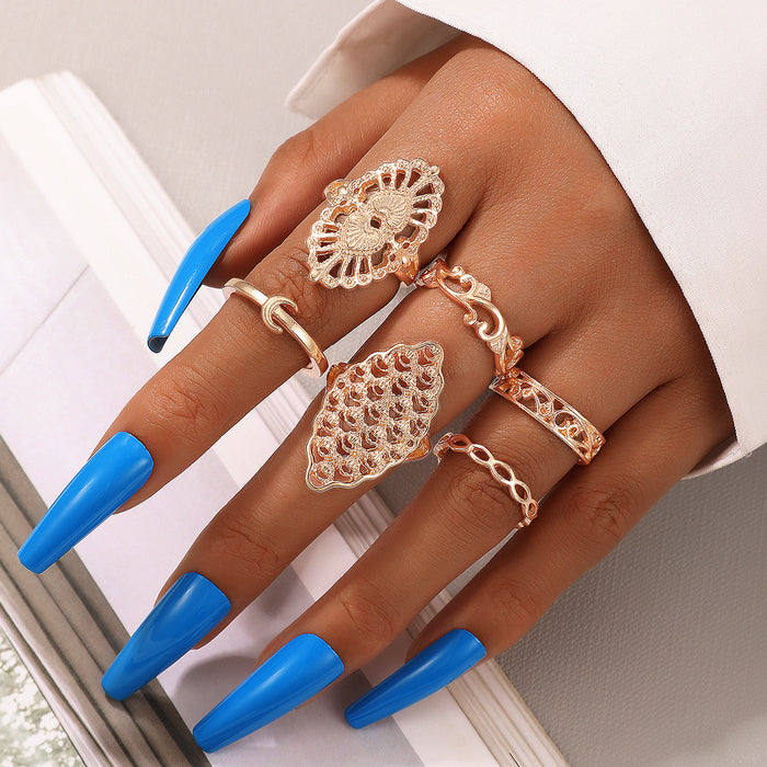 6-piece geometric wide ring set, hollow pattern moon design