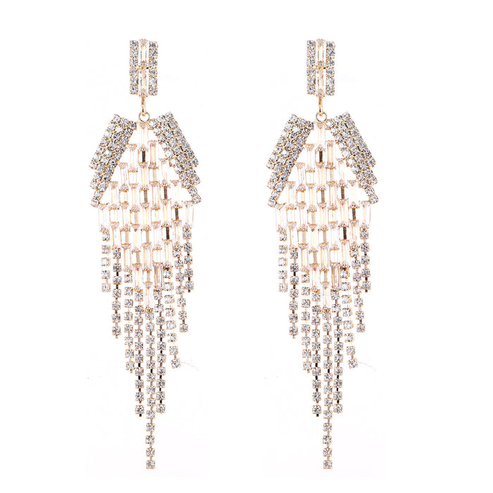 Exaggerated Geometric Tassel Earrings - 14K Gold-Plated Rhinestone Jewelry for a Bold Look