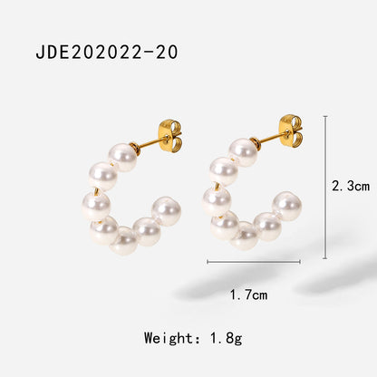 Stainless Steel Large Pearl C-Shaped Earrings - 20mm Pearl Hoops INS Style