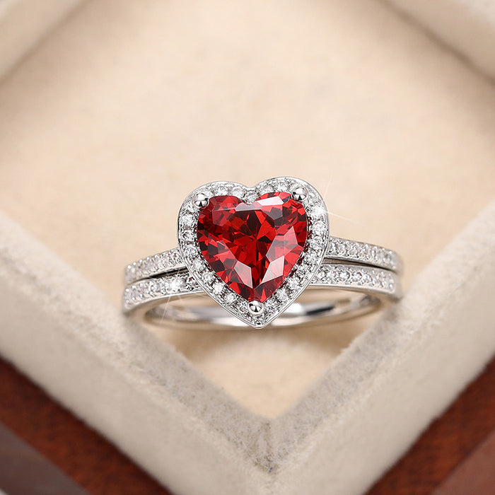 Anillo de boda de moda para pareja con anillo de circonita en forma de corazón de doble capa