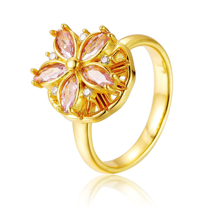 Wholesale 18K real gold plated pink cherry blossom 360-degree rotating ring