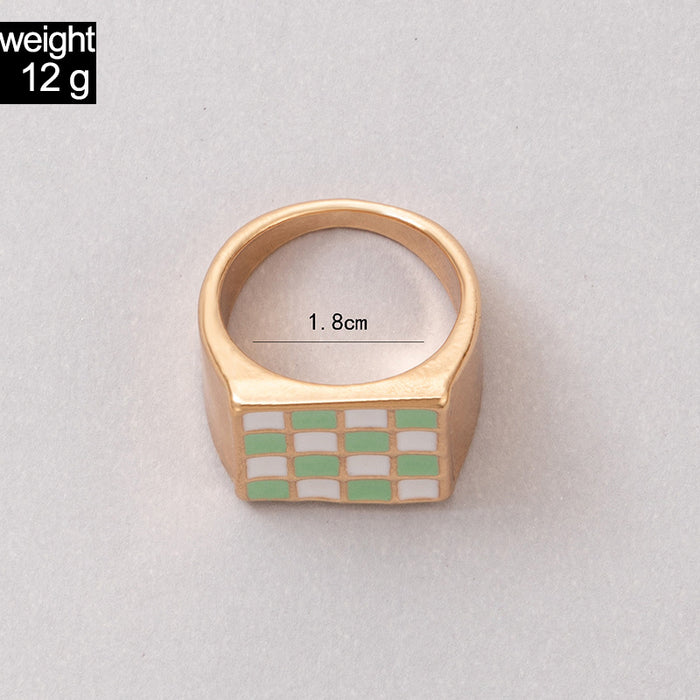 Oil dripping square checkerboard colorblock ring