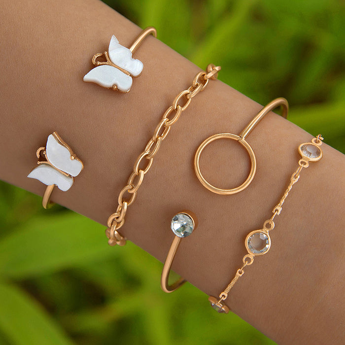 Butterfly and Gemstone Bracelet Set – Four-Layer Geometric Jewelry