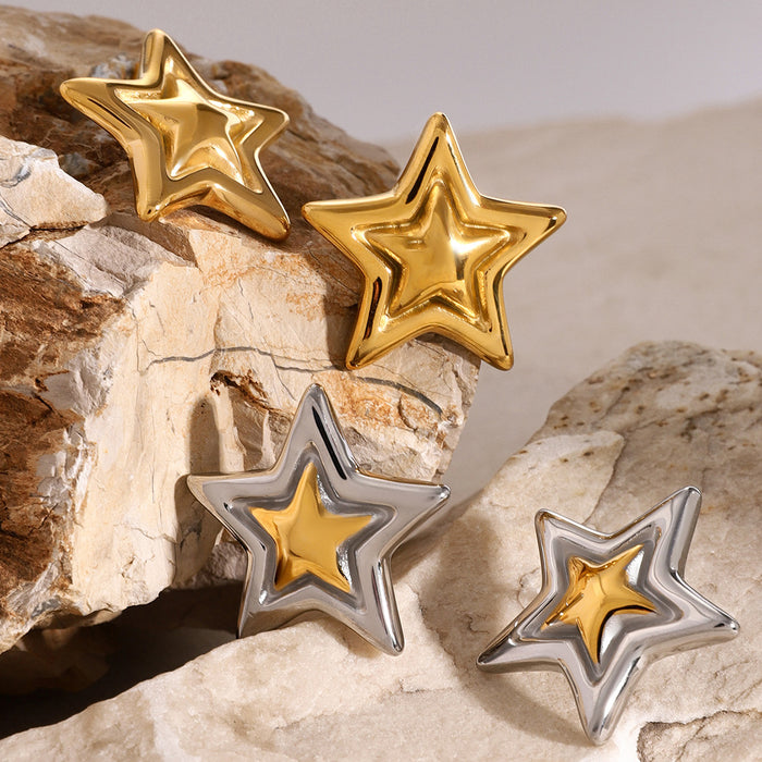 Two-Tone Five-Pointed Star Stud Earrings - High-End Design Cross-Border Jewelry