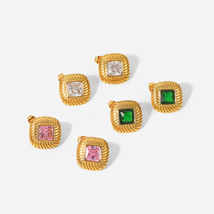 18K Gold Plated Square Button Colored Zircon Stud Earrings - Green/White/Pink Cubic Zirconia Jewelry for Women