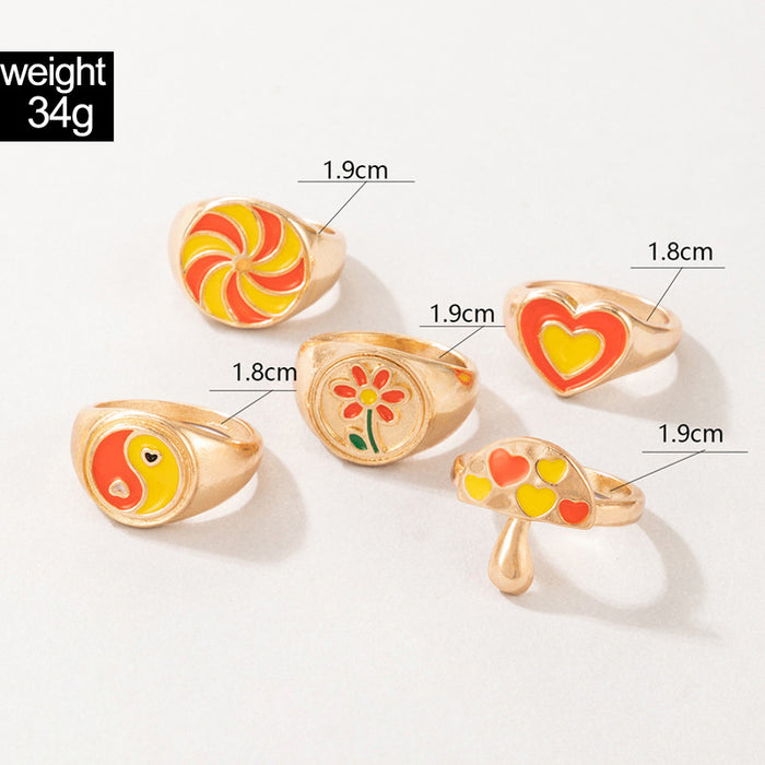 Juego de 6 anillos estilo pastoral con forma de hongo y tai chi en forma de corazón naranja