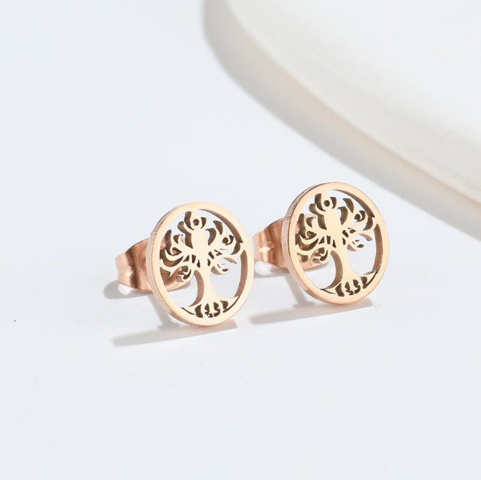 Tree of Life and Maple Leaf Stainless Steel Stud Earrings - Vintage-Inspired Jewelry