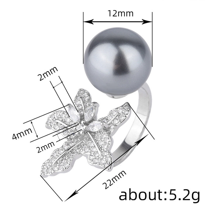 Inlaid imitation pearl flower ring starfish open ring