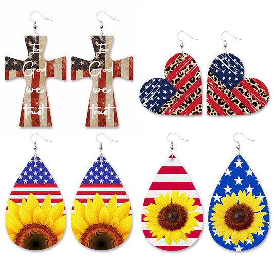 Pendientes de cuero con diseño de girasol y bandera estadounidense para el Día de la Independencia