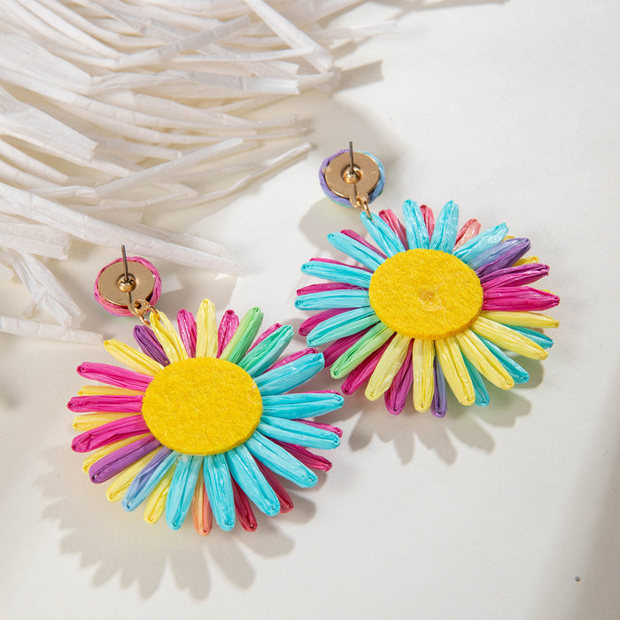 Colorful sunflower raffia earrings beach braided flower earrings