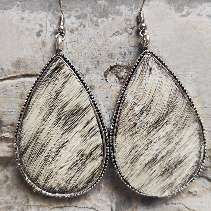 Textured Cowhide Leather Earrings with Leopard Print and Western Style