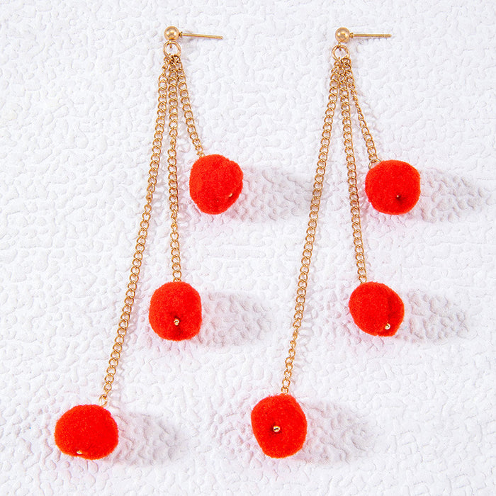 Retro red tassel wool ball earrings autumn and winter velvet ball earrings