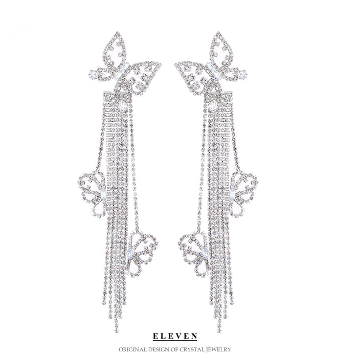 S925 Silver Needle Butterfly Tassel Earrings - Long Rhinestone Dangles for a Stylish Look