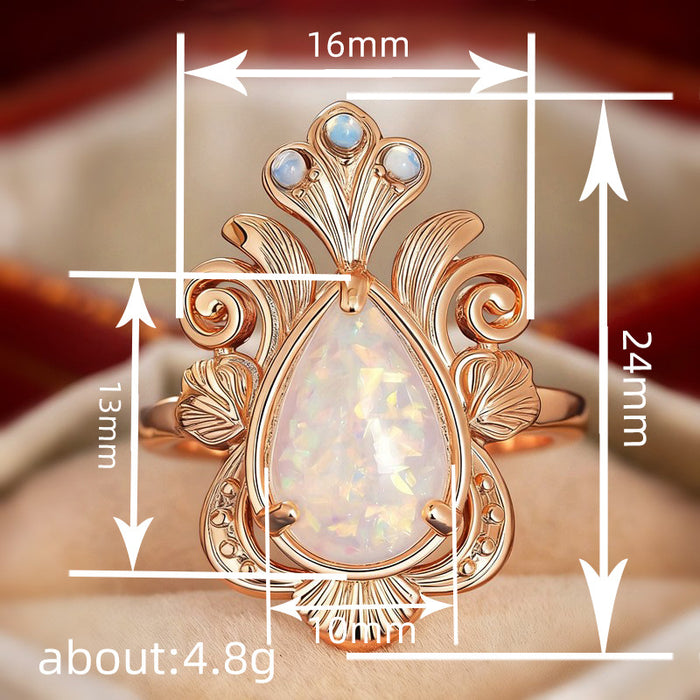 Women's water drop leaf three-claw micro-inlaid imitation opal ring