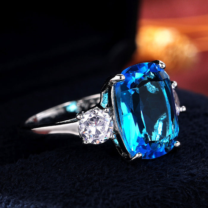 Anillo de mujer con temperamento de circonita azul marino súper brillante