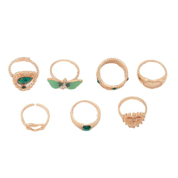 Green butterfly diamond heart eyes hollow seven-piece ring set