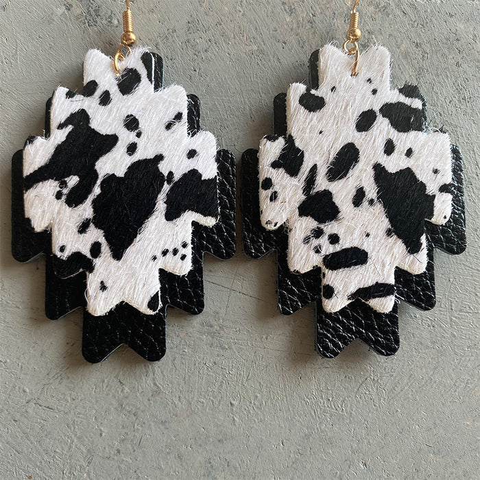 Western Cowboy Earrings with Double-Layer Aztec and Cowhide Design