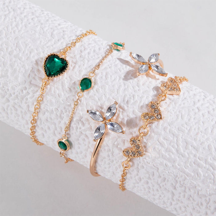 Luxury Faux Emerald Rhinestone Heart Bracelet Set - Elegant Four-Leaf Clover Open Cuff Jewelry