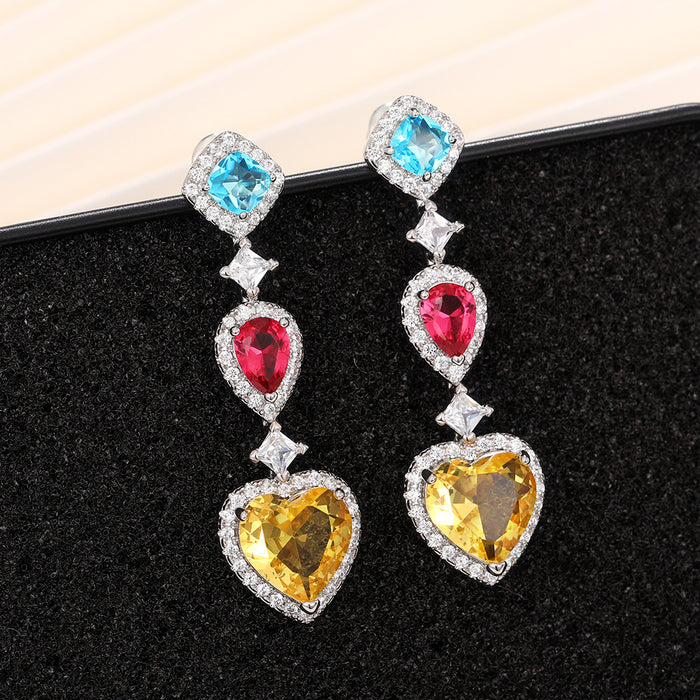 Colored zircon heart long earrings