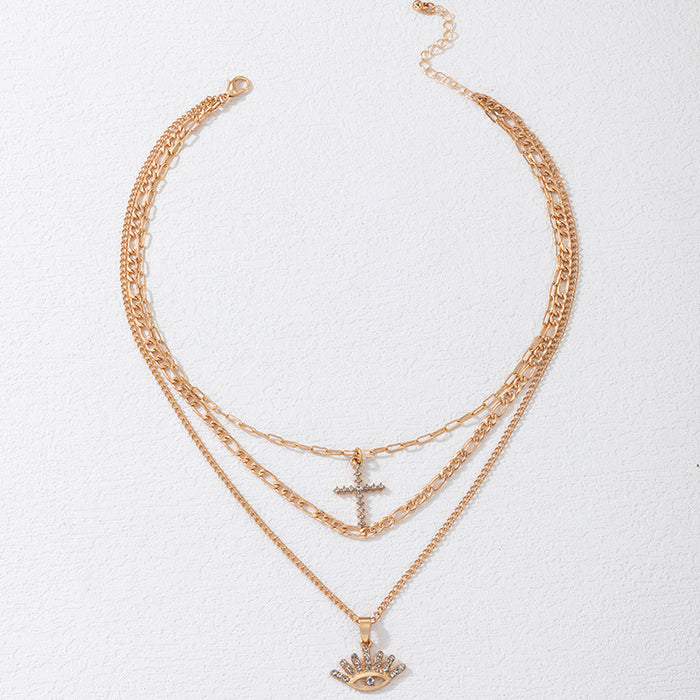 Eye & Cross Pendant Necklace - Gold Multi-Layer Statement Chain