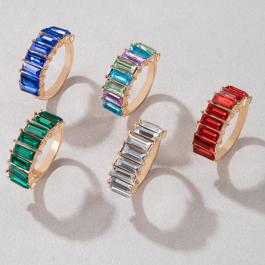 Rectangular colored diamond small fresh stacking ring set