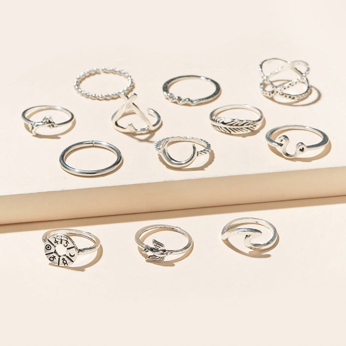 Vintage Moon Feather Geometric Ring 12-Piece Set