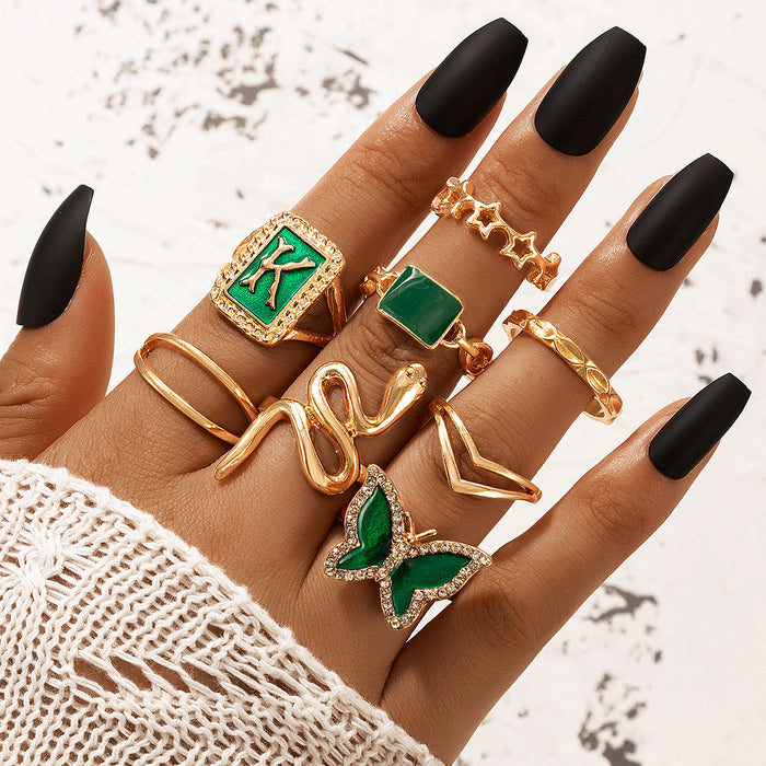 Green Snake and Butterfly Ring Set - 8-Piece Star Rings for Women