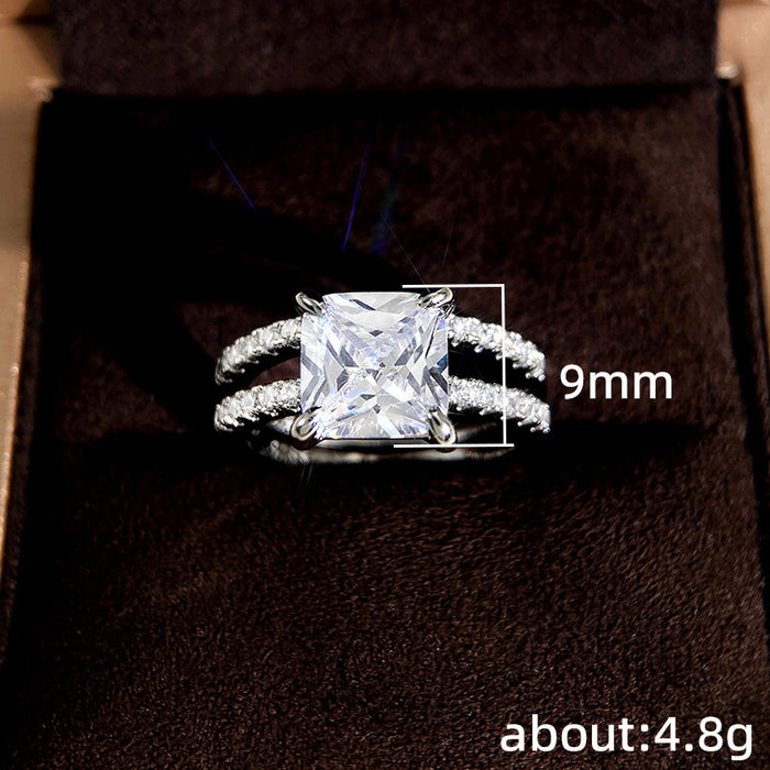 Square diamond four-claw princess ring super shiny