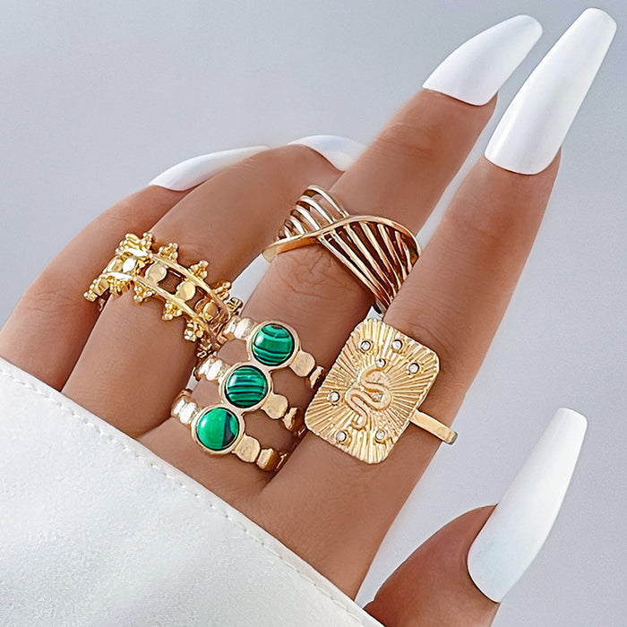 Punk Style Green Gemstone Snake Ring Set - 4pcs Geometric Exaggerated Rings