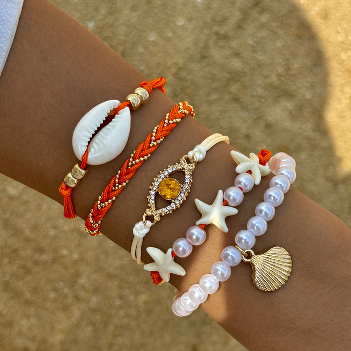 Shell and Evil Eye Bracelet Set - Five-Piece Summer Pearl Jewelry