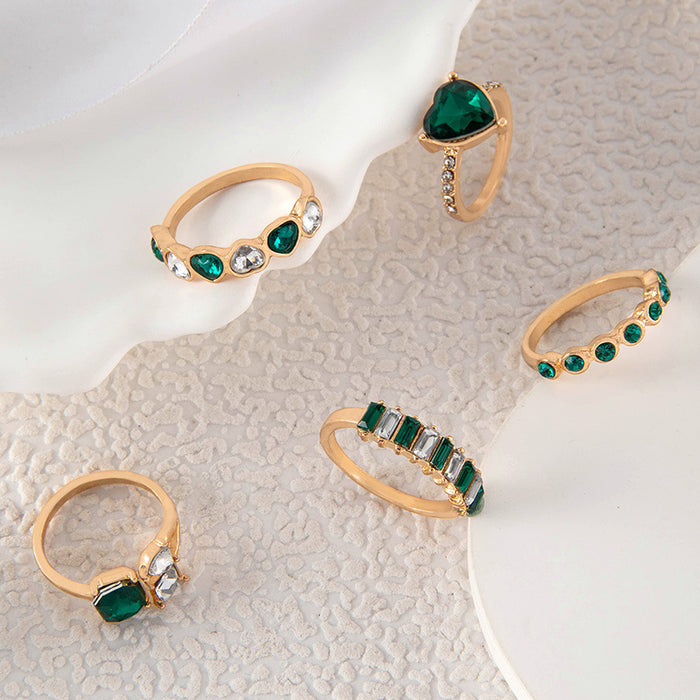 Vintage Emerald Crystal Gemstone Ring Set - 5pcs Geometric Versatile Rings