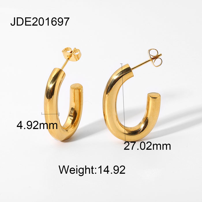 18K Gold Plated Stainless Steel C-Shape Oval Earrings - Trendy Jewelry for Women