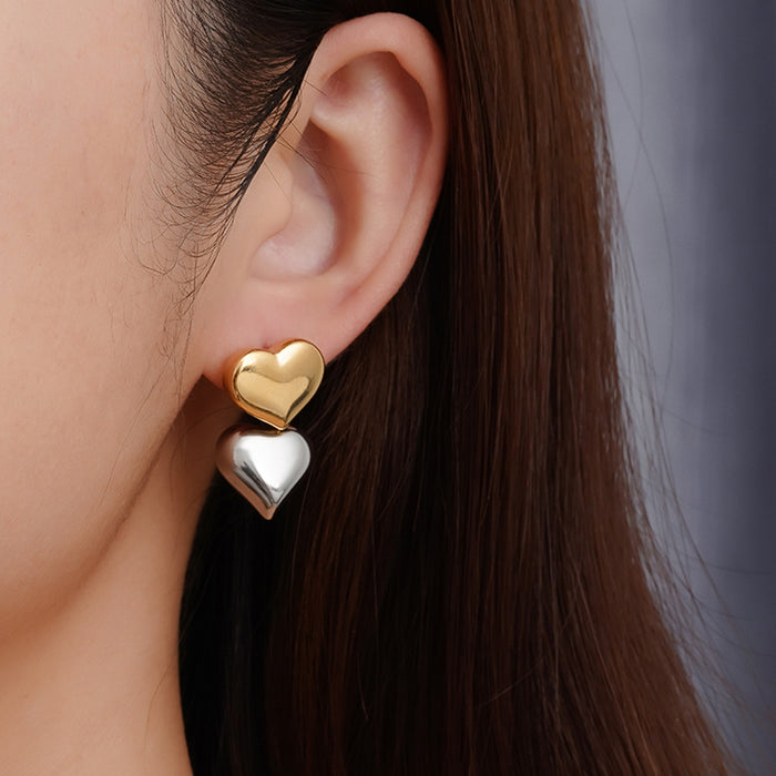 Fashionable love earrings, light luxury stainless steel 18K gold two-in-one earrings