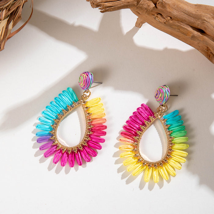 Geometric teardrop hollow earrings colorful raffia earrings