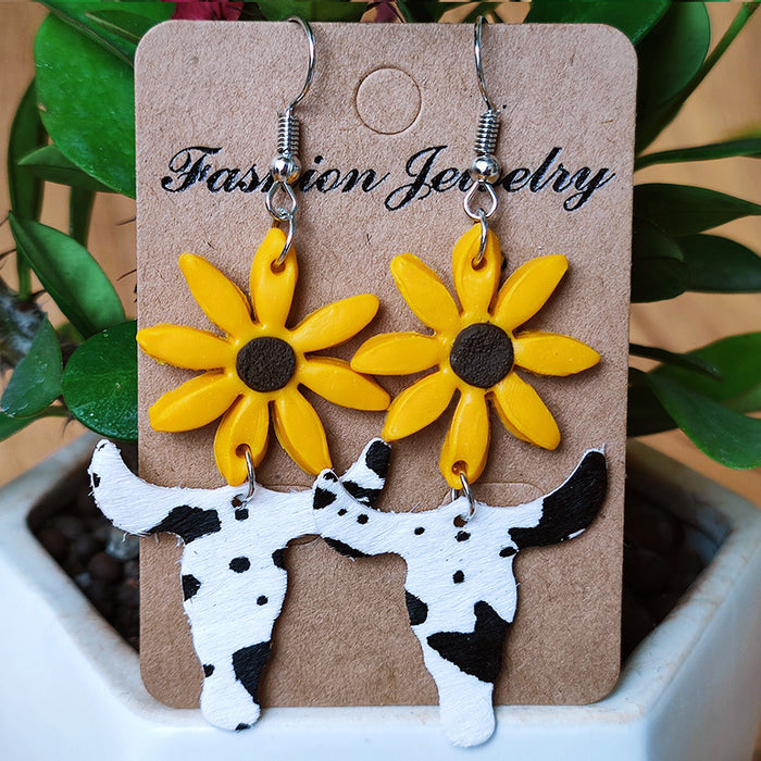 Pendientes de arcilla con diseño de girasoles en estilo vacacional: estampado de vaca, leopardo y cebra