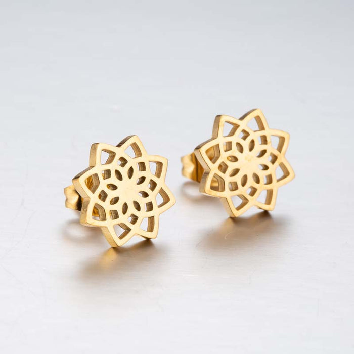 Lotus Flower Stainless Steel Stud Earrings - Vintage-Inspired Hollow Floral Jewelry