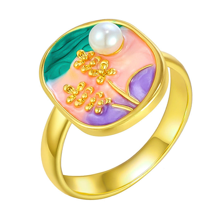 Wholesale copper micro-inlaid enamel painted drip flower open ring