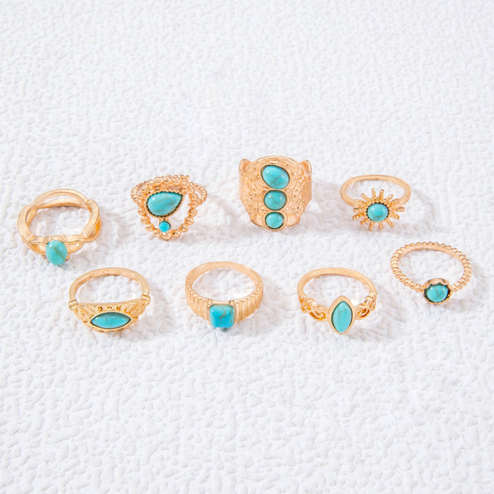 Oval Turquoise Geometric Rings - 8pcs Set